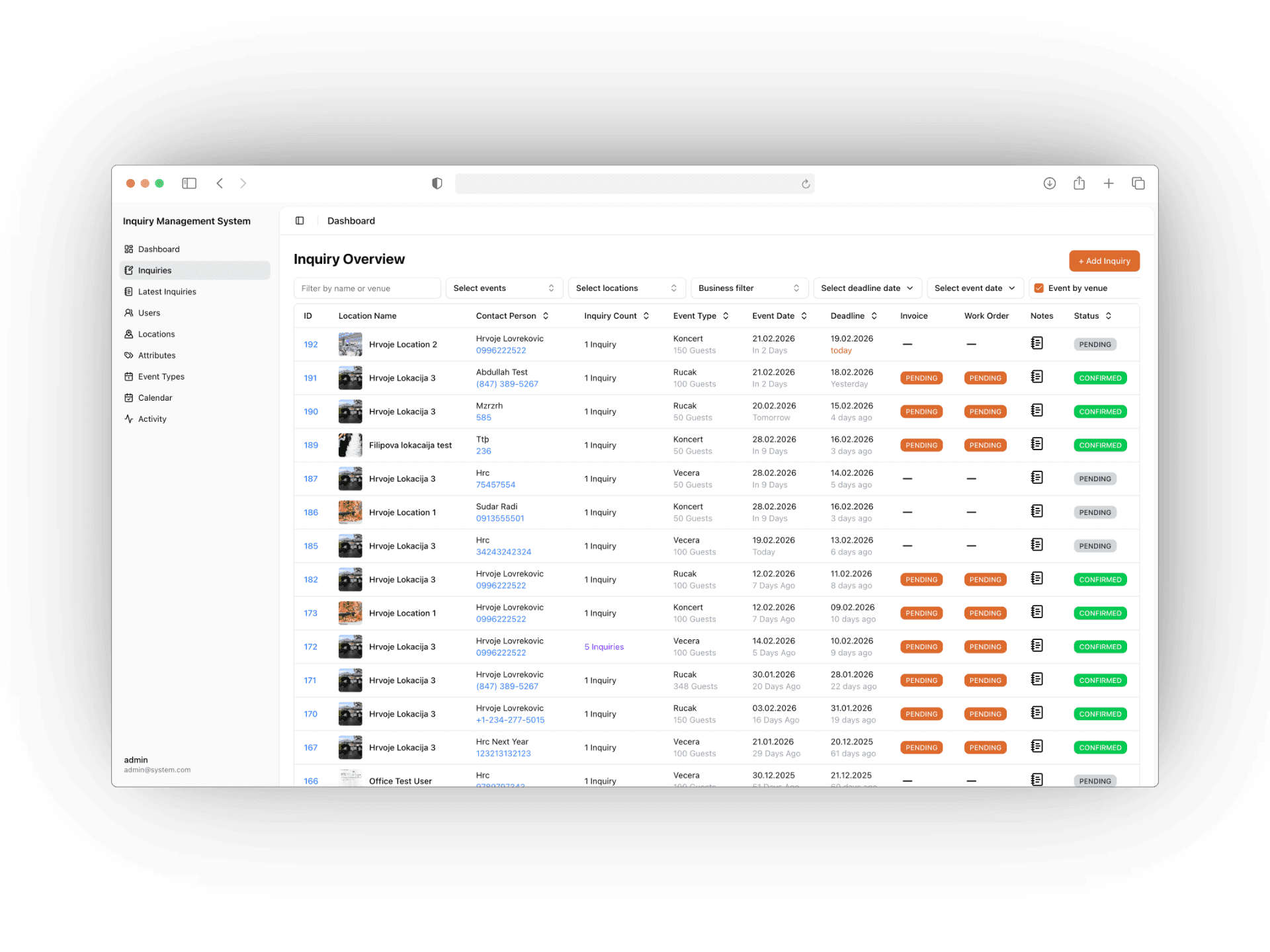 Catering Kvatrić — Booking & Sales Dashboard